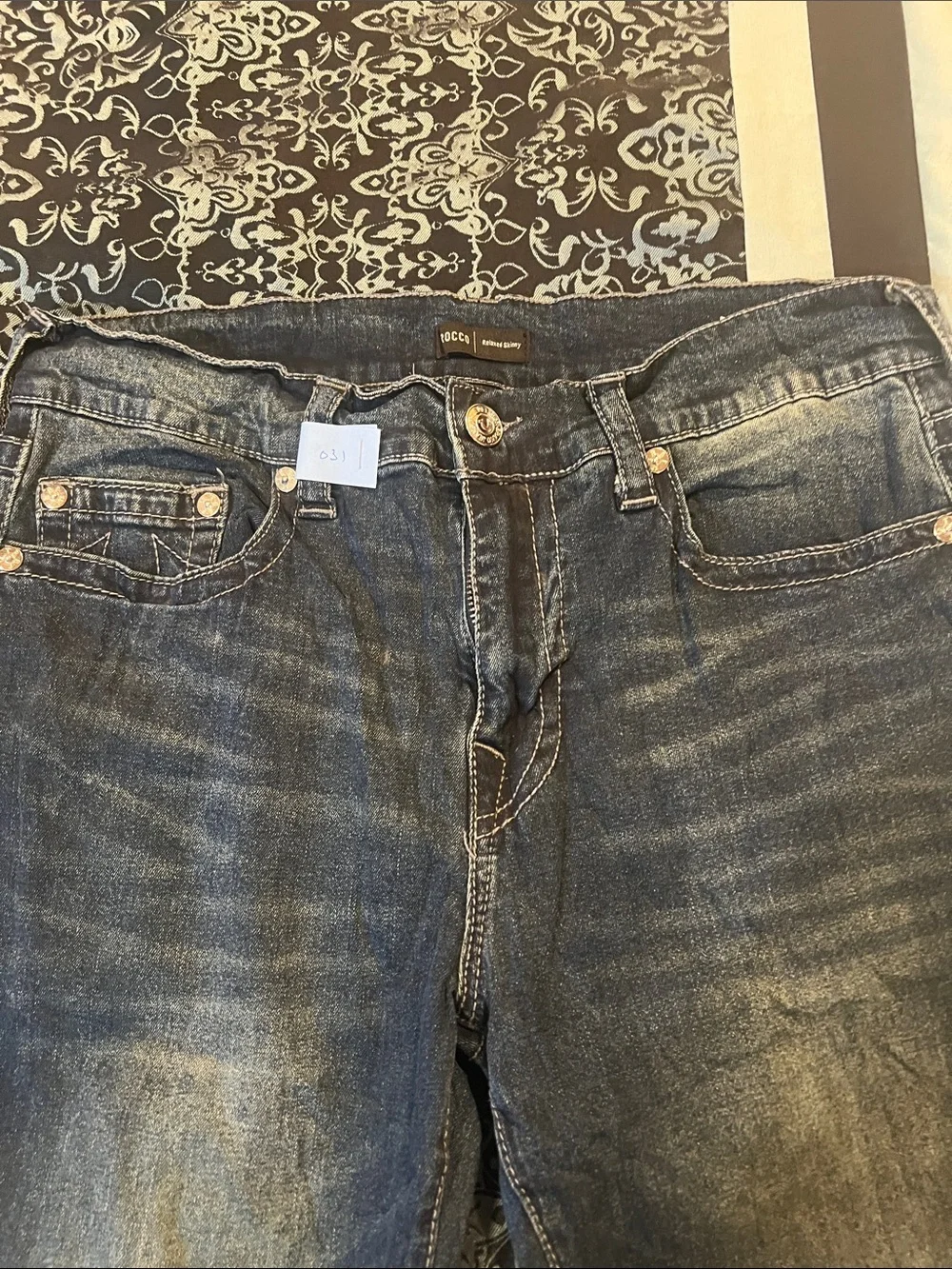 True Religion ROCCO faded dark blue jeans with whiskering